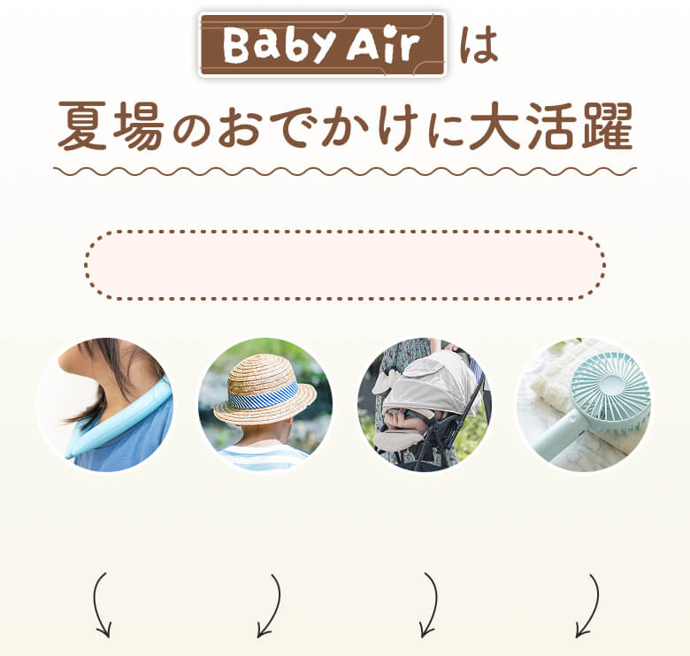 ベビエアは夏場のおでかけに大活躍する子ども用ファン付きベスト。保冷剤・帽子・ベビーカー・ハンディファンと併用しやすい熱中症対策アイテム