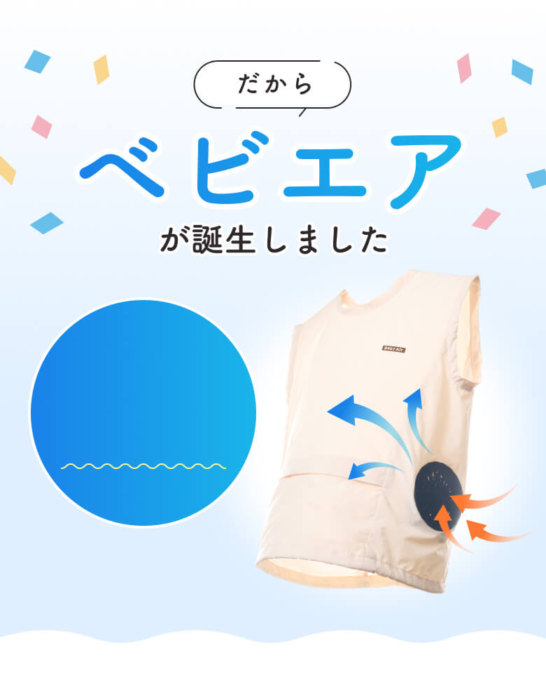 だからベビエアが誕生。送風ファン付きの涼しい子ども用ファン付きベストで、夏のおでかけと熱中症対策を快適に